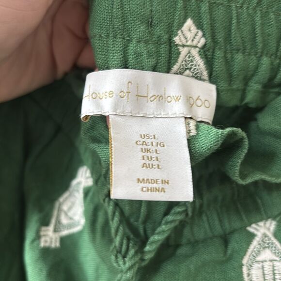 HOUSE OF HARLOW 1960 Embroidered Green Patterned Wide Leg Pants size Large - Picture 4 of 9